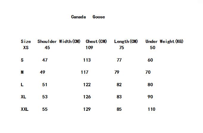 Height and Weight to Size Chart for Down Jackets