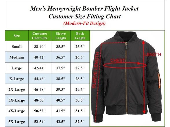 Feather jacket size comparison table for men