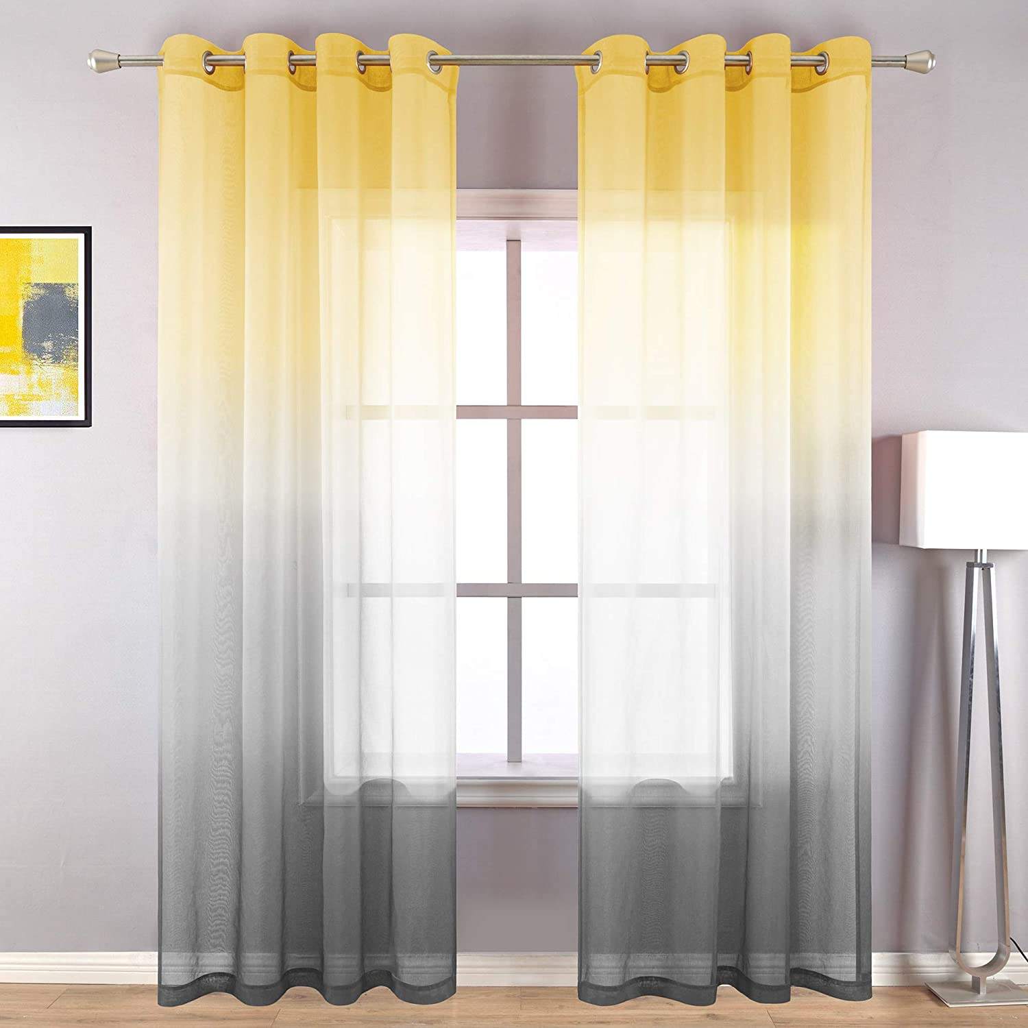 Title: Gray Bed with Colorful Curtains